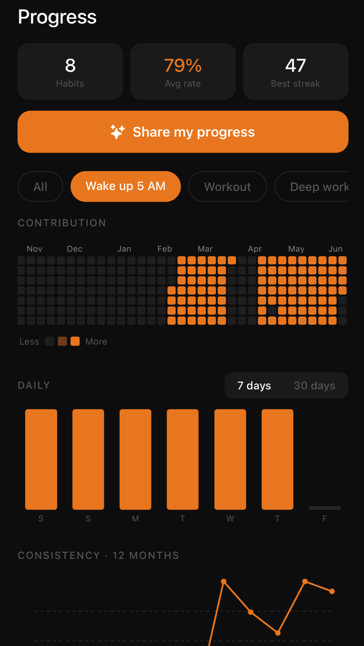The Flint progress screen showing a contribution grid, daily bars, and habit streaks.