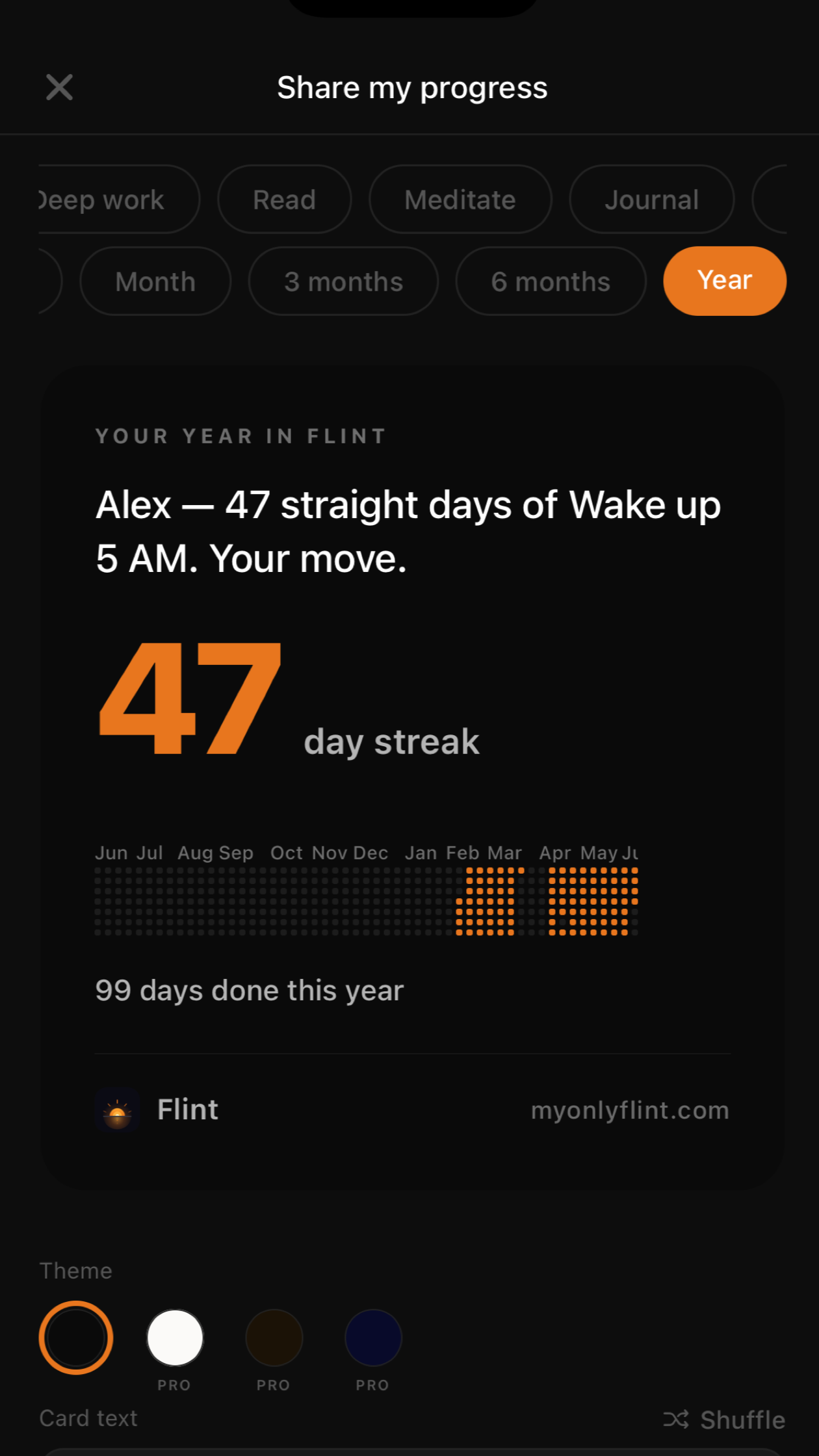 A Flint share card showing a 47 day streak of waking up at 5 AM.